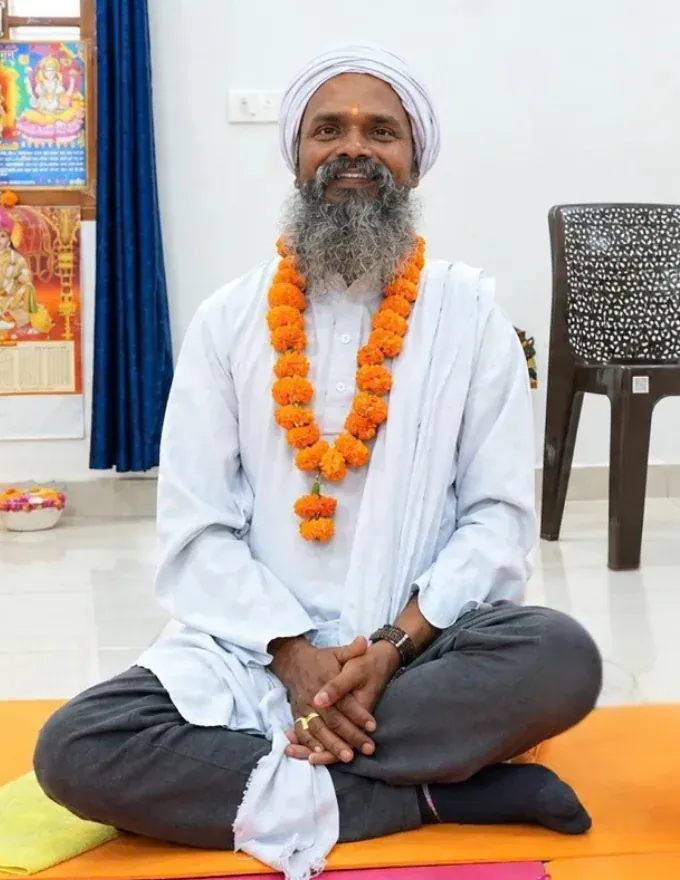 Acharya Siddhant in deep meditation sadhana along the sacred Ganges in Rishikesh