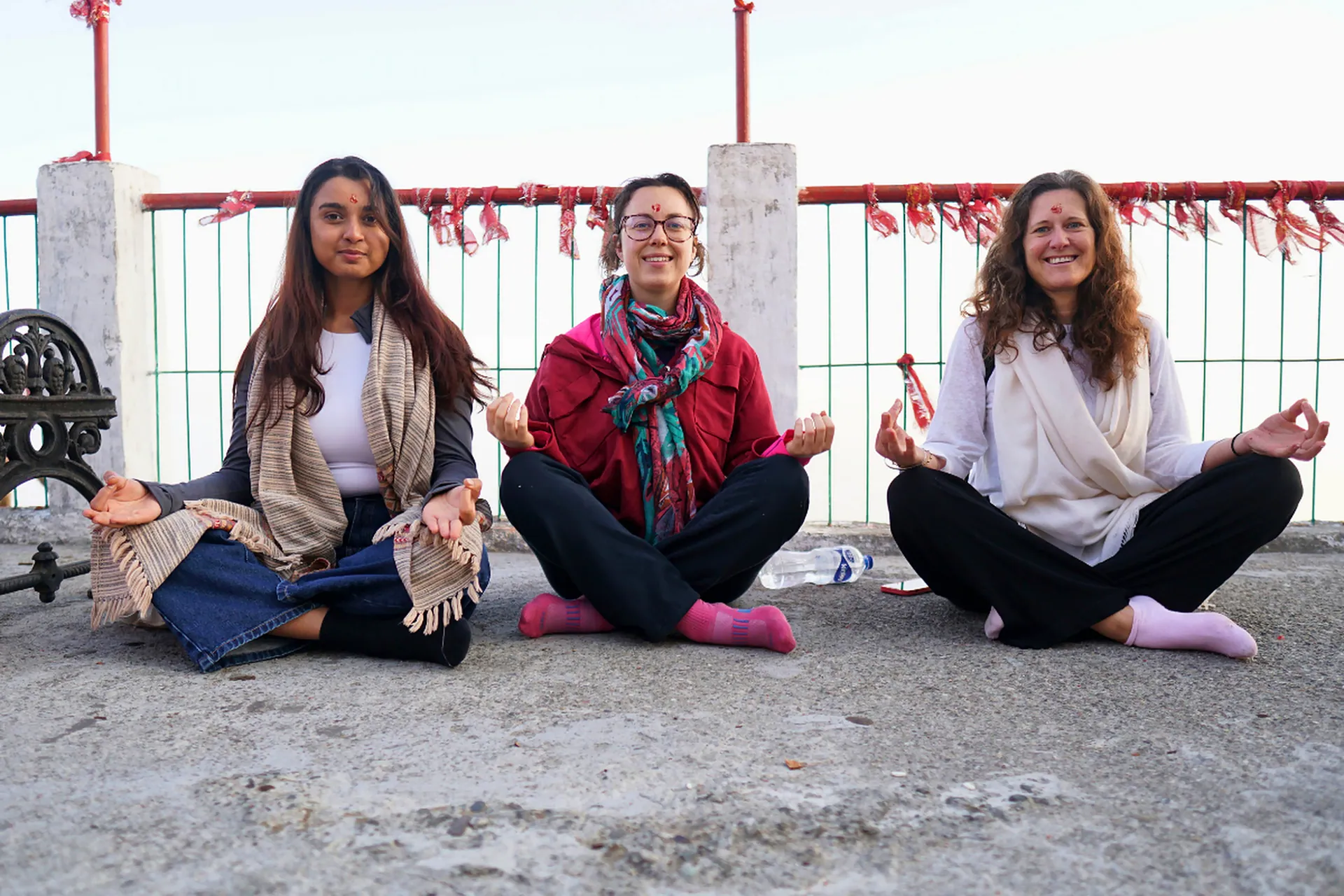 Group meditation at a hilltop temple