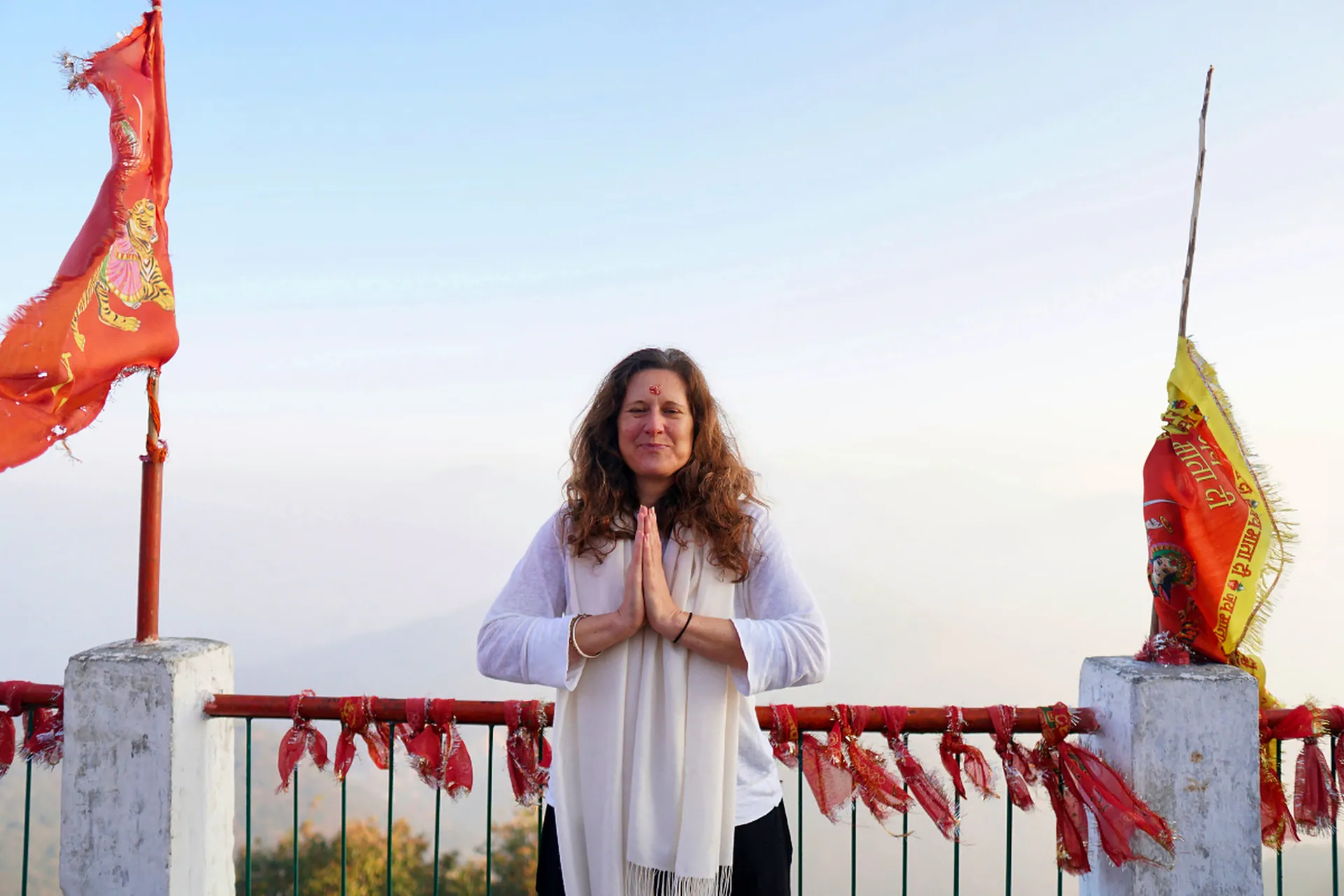 Namaste pose at Kunjapuri temple at sunrise
