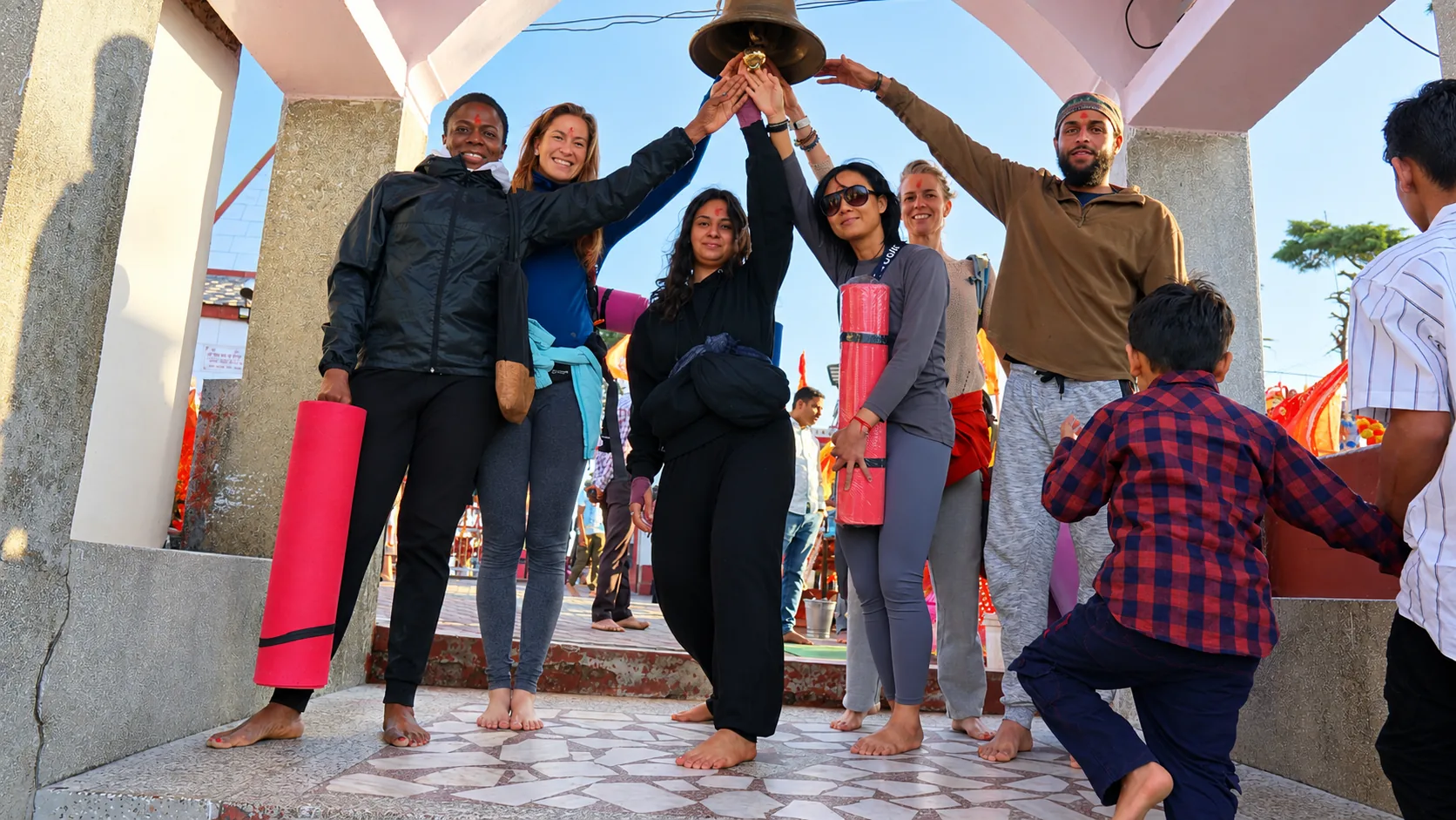 Yoga TTC students on a weekly temple excursion in Rishikesh