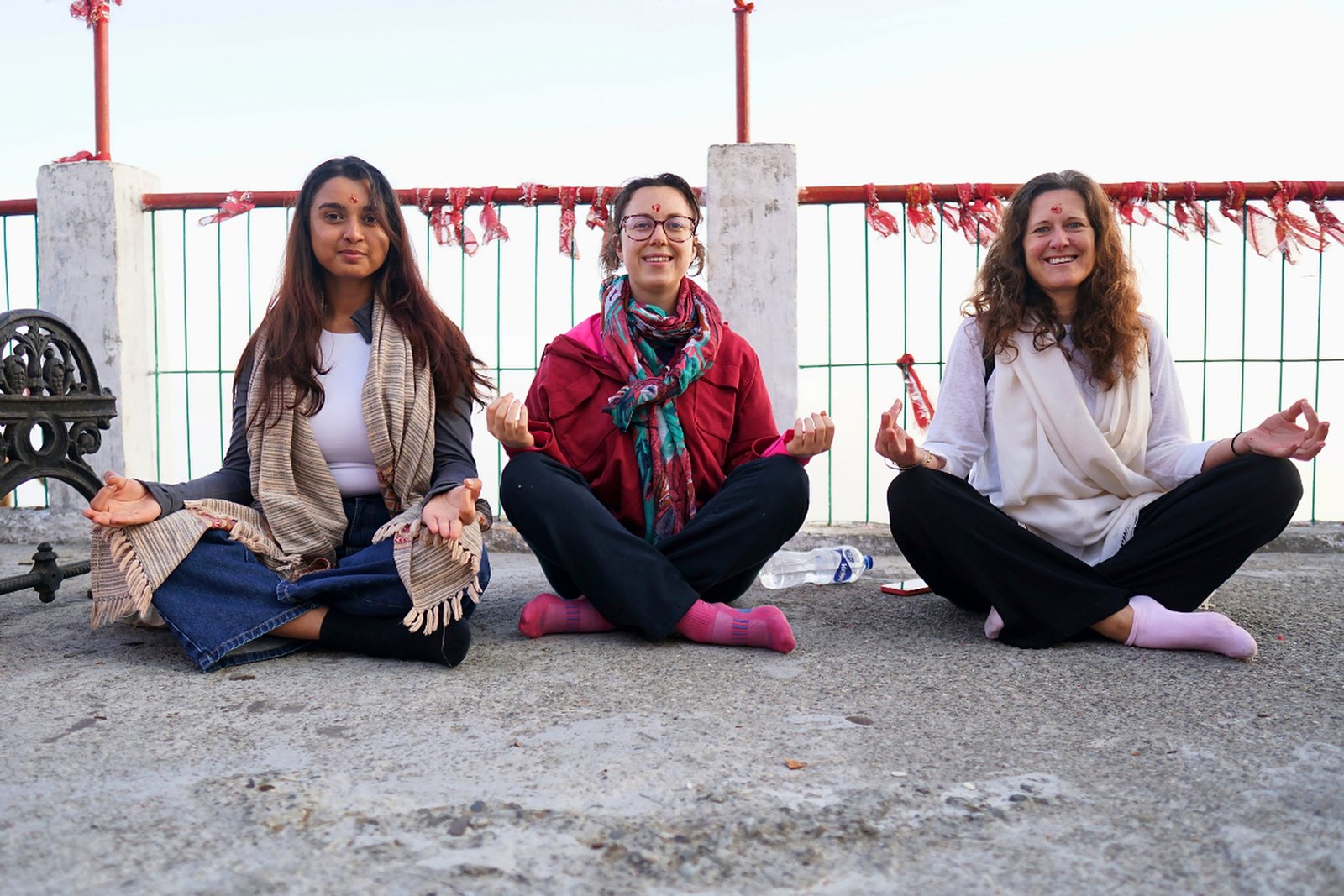 Group meditation at a hilltop temple during the mantra yoga retreat in Rishikesh