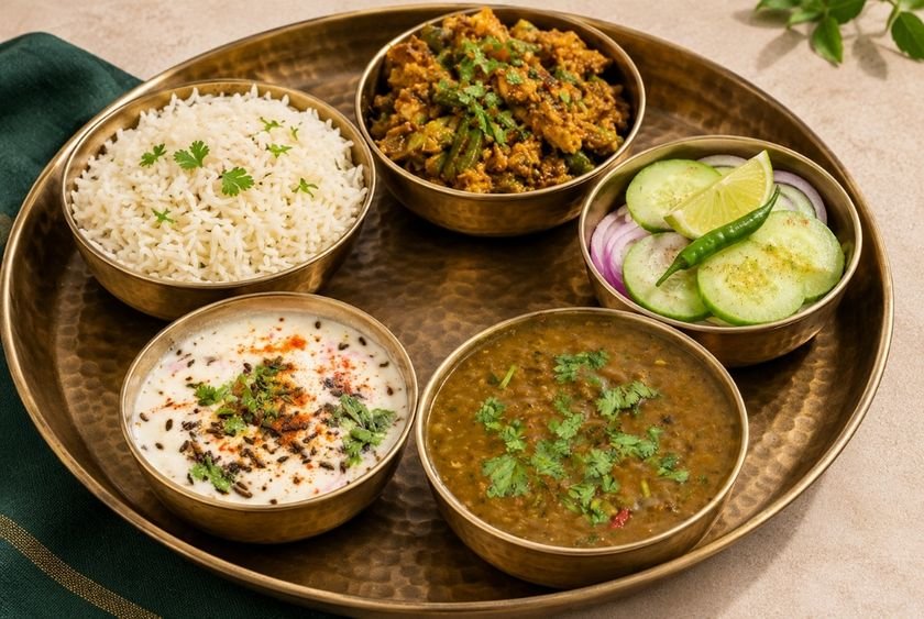 Sattvic vegetarian thali served at the ashram